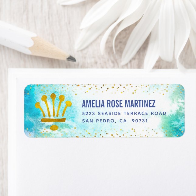 Turquoise Quinceañera Watercolor Gold Foil Address Label (Insitu)