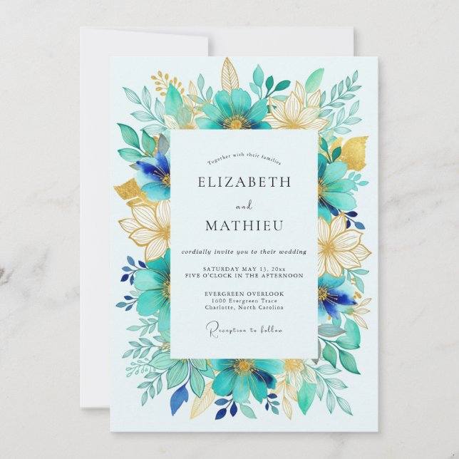 Turquoise Radiant Watercolor Spring Wedding Invitation (Front)