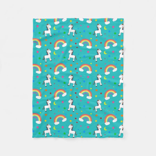 Turquoise rainbow unicorn hearts stars pattern fleece blanket (Front)