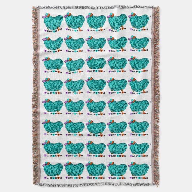 Turquoise Ram Chinese Year Zodiac Throw Blanket (Front Vertical)