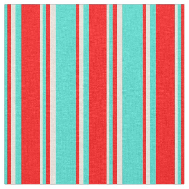 Turquoise, Red, and Beige Colored Lines Fabric (Close Up)