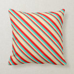 [ Thumbnail: Turquoise, Red, and Beige Colored Lines Pillow ]