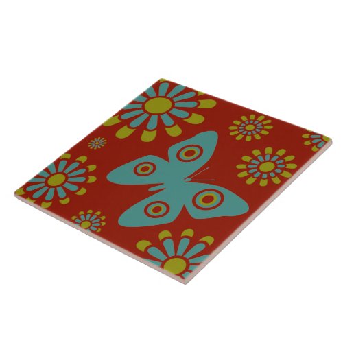 Turquoise Red And Gold Modern Floral Butterfly Tile