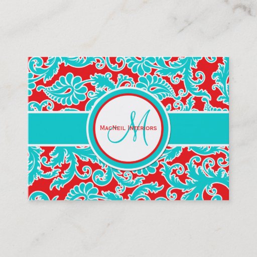 Customizable Turquoise, Red, and White Damask Business Card