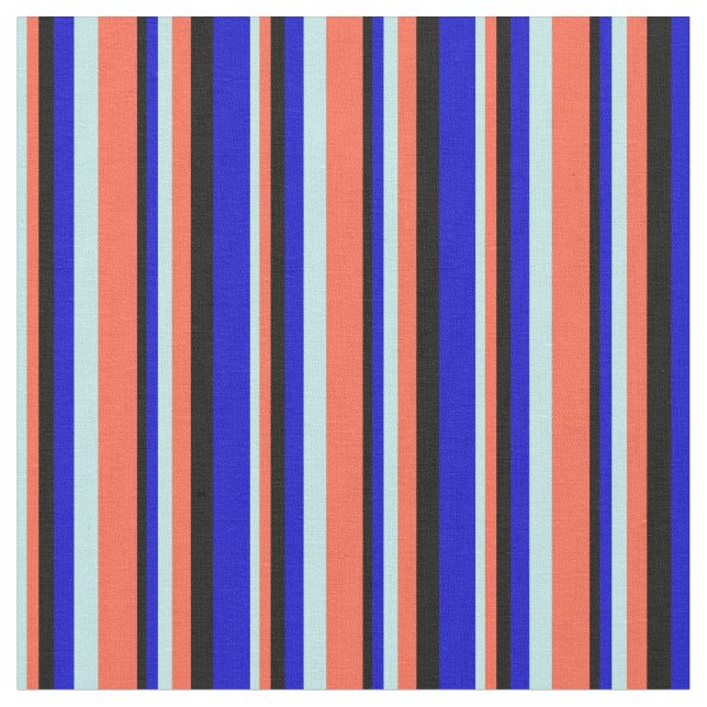 Turquoise, Red, Black, and Blue Lines Pattern Fabric (Close Up)