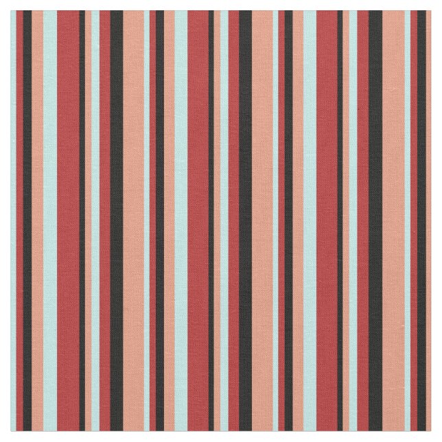 Turquoise, Red, Black & Dark Salmon Stripes Fabric (Close Up)