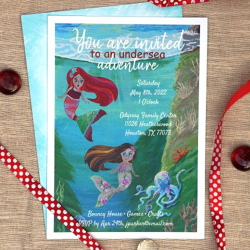 Turquoise Red Blue Mermaid Ocean Birthday Invitation