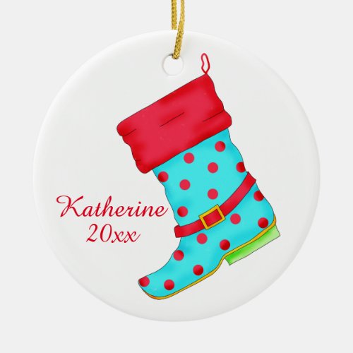 Turquoise Red Boot Art Shoe Lover Christmas Name Ceramic Ornament