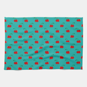 Turquoise red cherry pattern towel