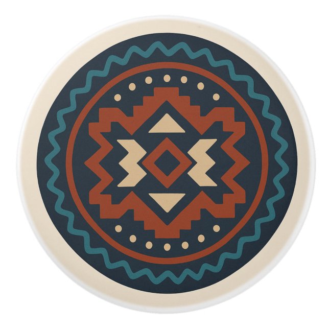 Turquoise Red Cobalt Zapotec Diamond Ceramic Knob (Front)