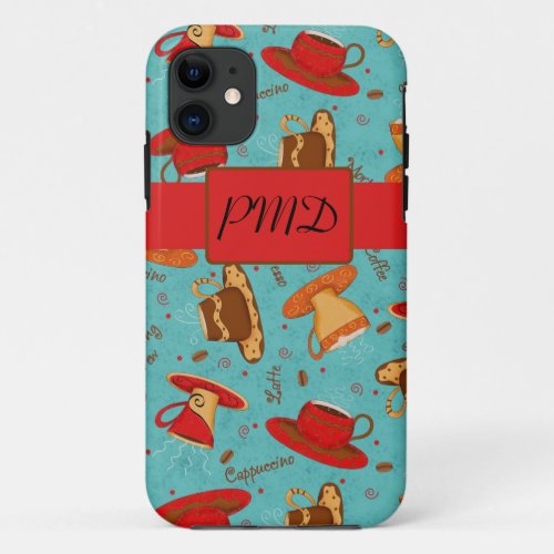 Turquoise  Red Coffee Cups Pattern Monogram iPhone 11 Case