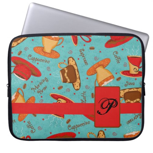 Turquoise  Red Coffee Cups Pattern  Monogram Laptop Sleeve