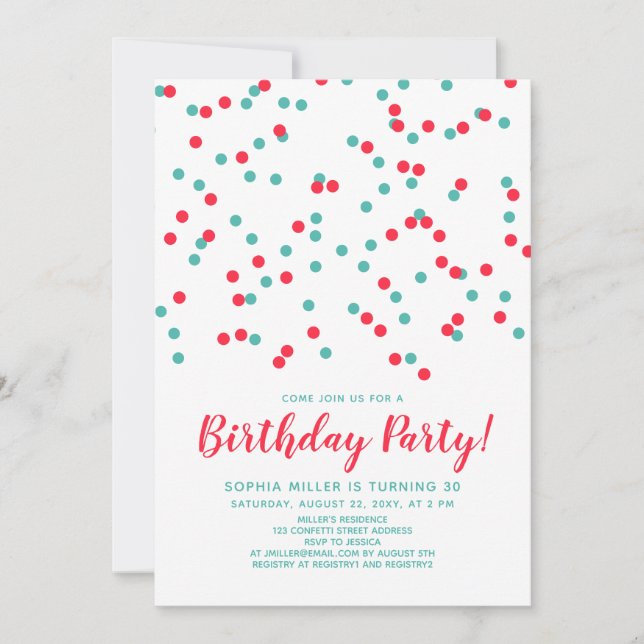 Turquoise Red Confetti SVG Modern Birthday Party Invitation (Front)
