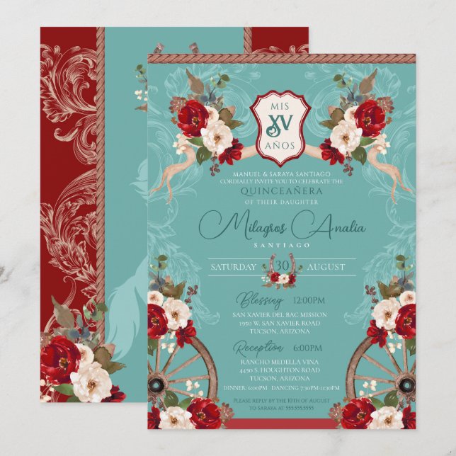 Turquoise & Red Elegant Baroque Charra Quinceañera Invitation (Front/Back)