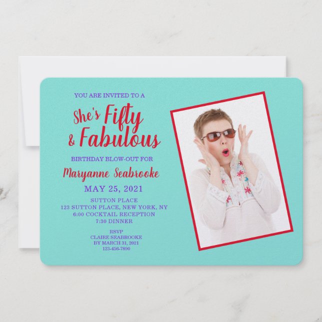 Turquoise, Red Fifty and Fabulous Birthday Party Invitation (Front)