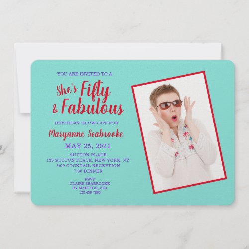 Turquoise Red Fifty and Fabulous Birthday Party Invitation
