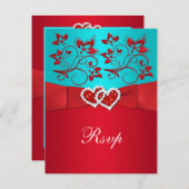 Turquoise, Red Floral, Hearts Wedding Reply Card (Front/Back)