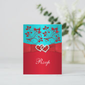 Turquoise, Red Floral, Hearts Wedding Reply Card (Standing Front)
