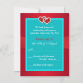 Turquoise, Red Floral, Hearts Wedding Reply Card (Back)