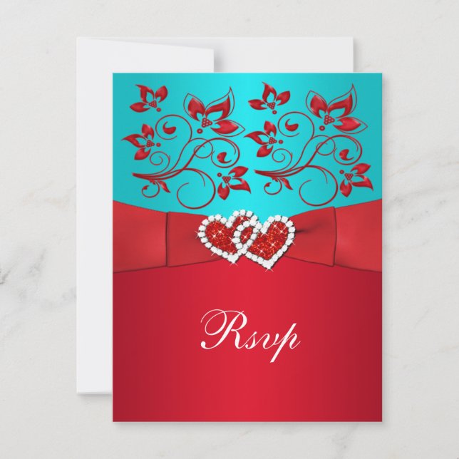 Turquoise, Red Floral, Hearts Wedding Reply Card (Front)