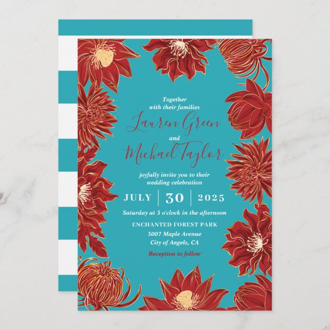 Turquoise Red Flower Oriental Floral Wedding Invitation (Front/Back)