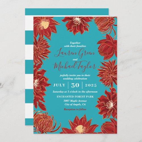 Turquoise Red Flower Oriental Floral Wedding Invitation