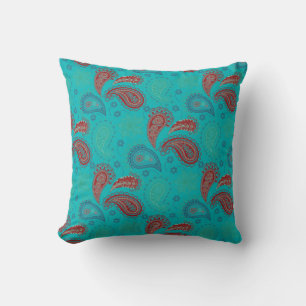 Turquoise Red Paisley Pattern Throw Pillow