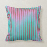 [ Thumbnail: Turquoise, Red & Plum Colored Lined Pattern Pillow ]