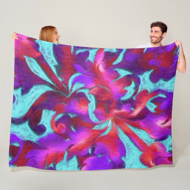 Turquoise Red Purple Bold Chalk Damask Fleece Blanket (In Situ)