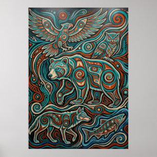 Turquoise & Red Spirit Animal Artwork Poster