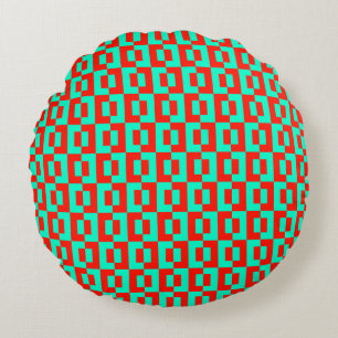 Turquoise&Red Tiles Design on Round Sofa Cushion