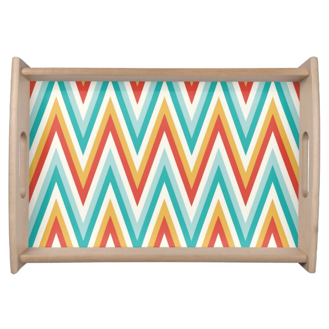 Turquoise Red Yellow Zig Zag Chevron Stripes Serving Tray (Front)