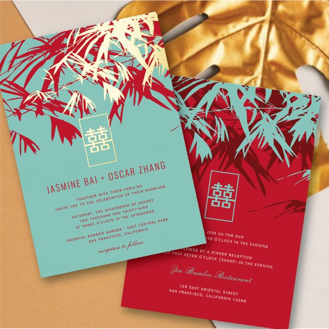 Turquoise & Red Zen Bamboo Leaves Chinese Wedding Foil Invitation (Turquoise & Red Zen Bamboo Leaves Chinese Wedding Foil Invitation @ fatfatin_red_knot)