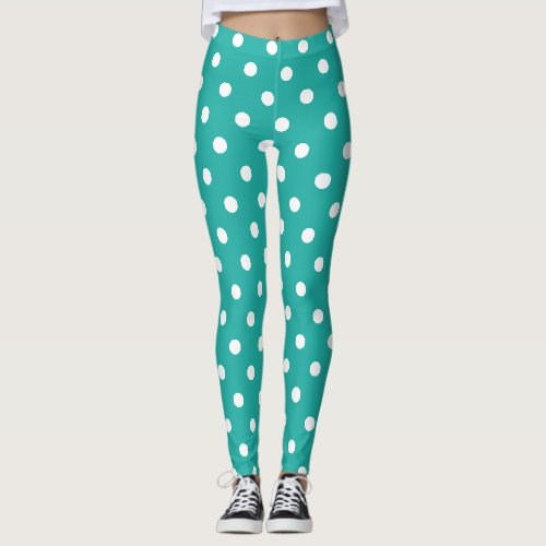 Turquoise Retro Chic Polka Dots Pattern Fashion Leggings