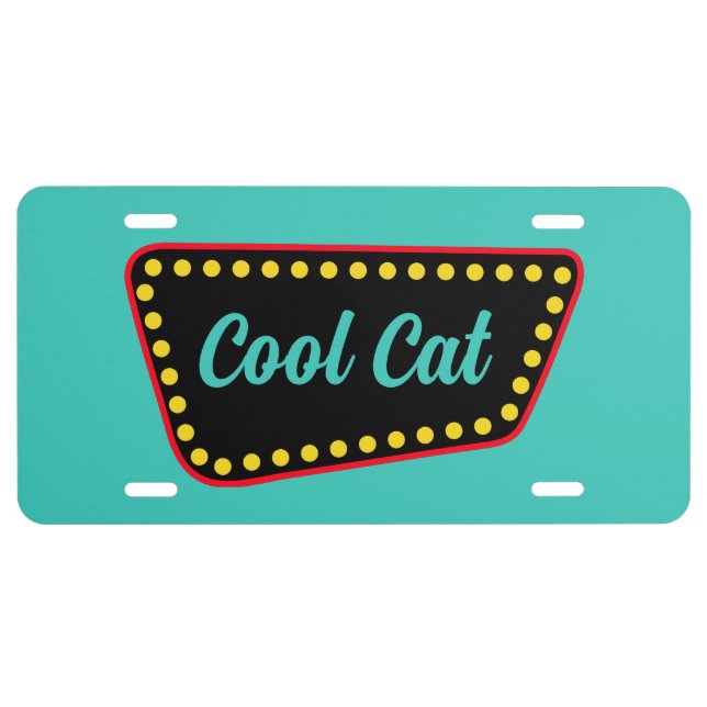 Turquoise Retro Cool Cat License Plate  (Front)