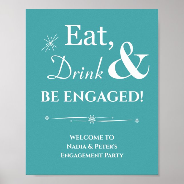 Turquoise Retro Eat Drink Be Engaged Wedding Poster (Front)