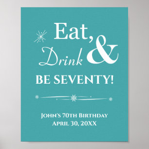 Turquoise Retro Eat Drink Be Seventy 70th Birthday Poster