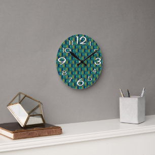 Turquoise Retro Ovals and Semi-Circles Round Clock