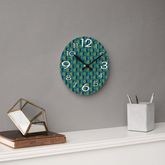 Turquoise Retro Ovals and Semi-Circles Round Clock (Office)