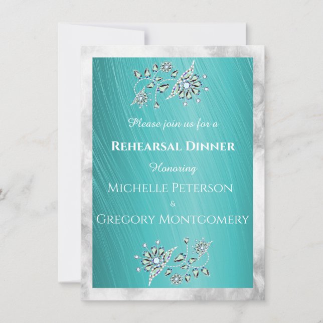 Turquoise Rhinestone on Teal Rehearsal Dinner Invitation (Front)