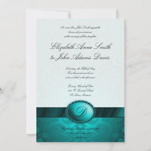 Turquoise Ribbon Damask Wedding Invitation