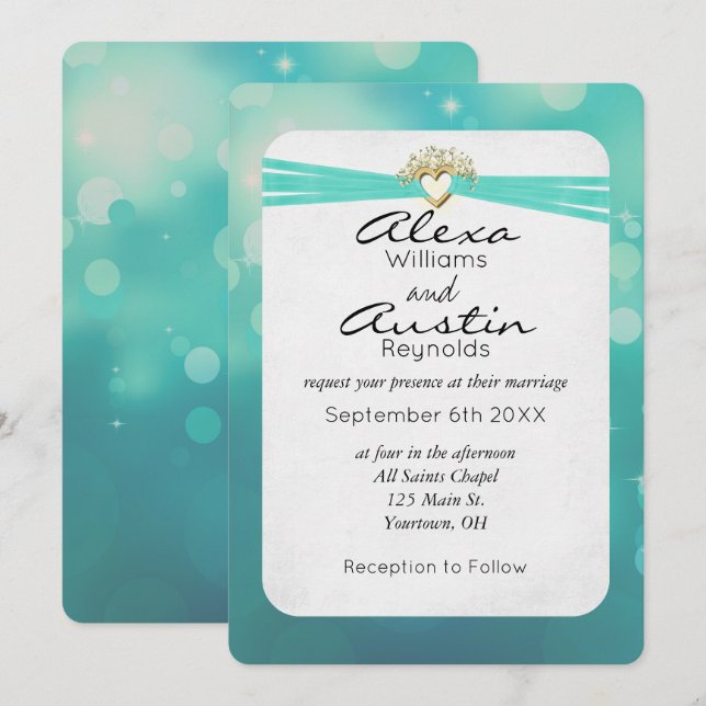 Turquoise Ribbon in Gold Heart Wedding Invitation (Front/Back)