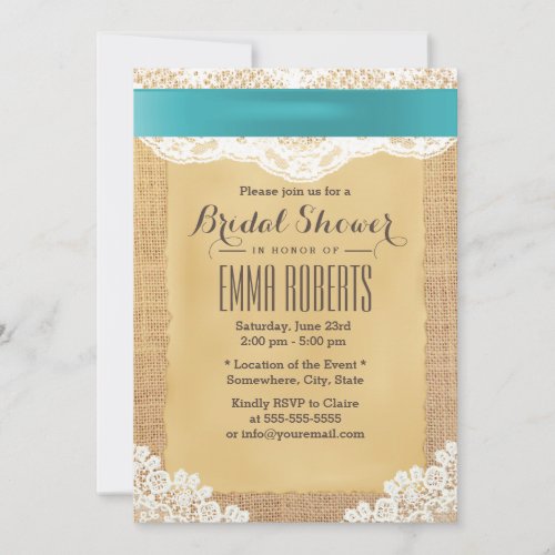 Turquoise Ribbon &amp; Lace Burlap Bridal Shower 5x7 Paper Invitation Card