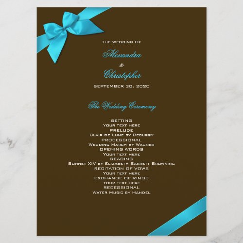 Turquoise Ribbon on Brown Wedding Program