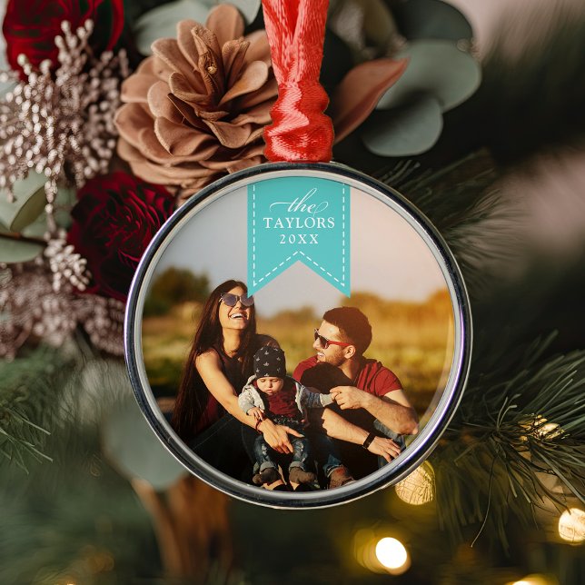 Turquoise Ribbon | Personalized Name & Year Photo Metal Ornament (Creator Uploaded)