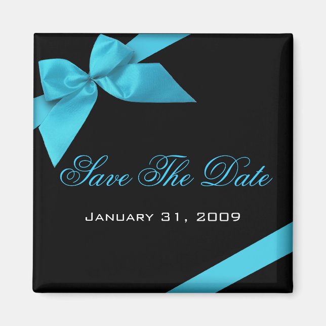 Turquoise Ribbon Wedding Invitation Save The Date Magnet (Front)