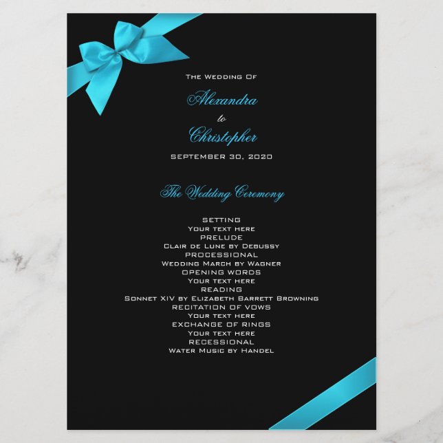 Turquoise Ribbon Wedding Program (Front)