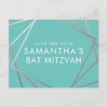 Turquoise Robin Egg Blue Bat Mitzvah Save the Date Announcement Postcard<br><div class="desc">Modern, trendy, and elegant silver and turquoise, teal, robin egg blue, "and co" theme Bat Mitzvah save the date postcards with a unique geometric squares border. Easily personalize this affordable save the date for your Bat Mitzvah with custom name, date, and details of your fun and sophisticated celebration. All of...</div>