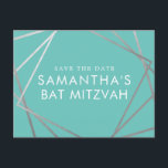 Turquoise Robin Egg Blue Bat Mitzvah Save the Date Announcement Postcard<br><div class="desc">Modern, trendy, and elegant silver and turquoise, teal, robin egg blue, "and co" theme Bat Mitzvah save the date postcards with a unique geometric squares border. Easily personalize this affordable save the date for your Bat Mitzvah with custom name, date, and details of your fun and sophisticated celebration. All of...</div>