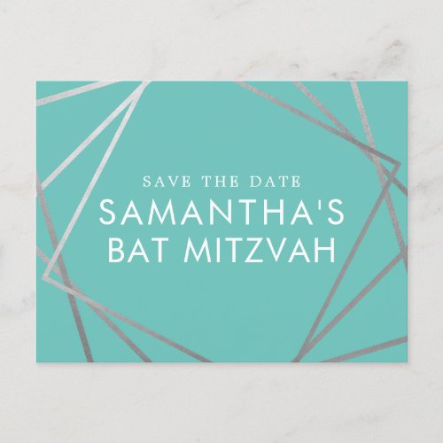 Turquoise Robin Egg Blue Bat Mitzvah Save the Date Announcement Postcard